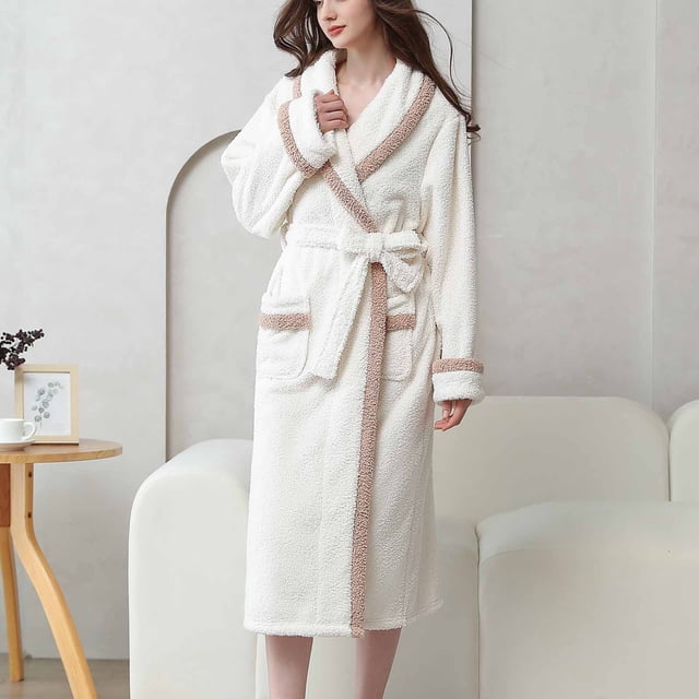 Wancir Robe Winter Bathrobe Women Loose Loungewear Sweet Tender Robe Fleece Coral Warm Robes Pink Grey