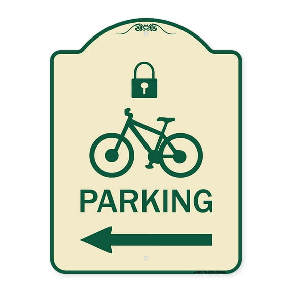 SignMission Designer Series Sign - Parking (With Lock Cycle & Left Arrow Symbol) | Tan & Green 18" x 24" Heavy-Gauge Aluminum Architectural Sign | Made in the USA