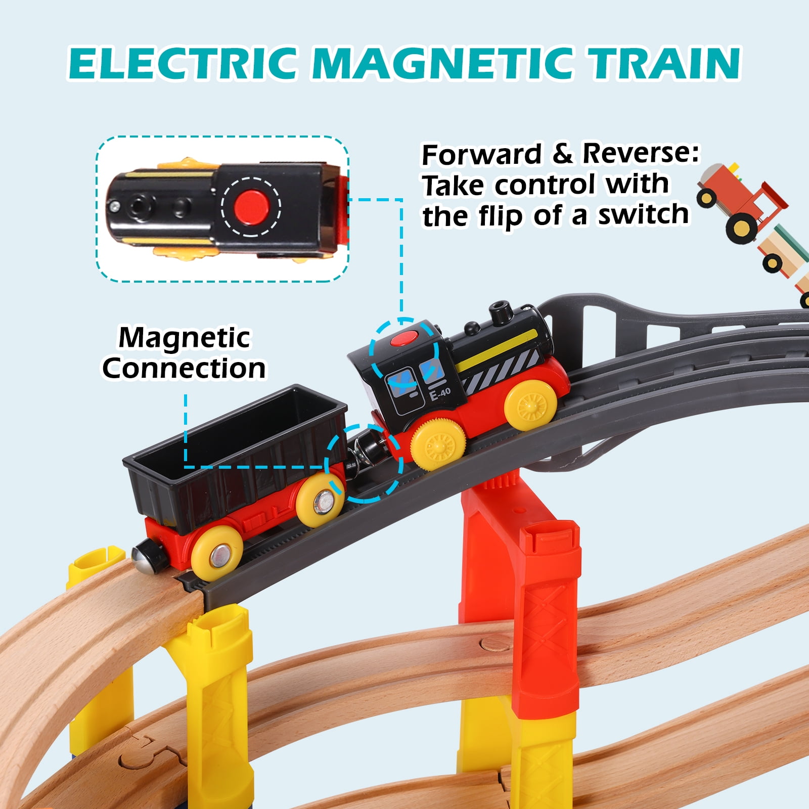 UDEAS 120Pcs Wooden Train Tracks Set, 398-inch Track Expansion, Toddler Railway Bridge Toy Train Set with Airplane and Magnetic Crane, Birthday Gifts for Boys and Girls