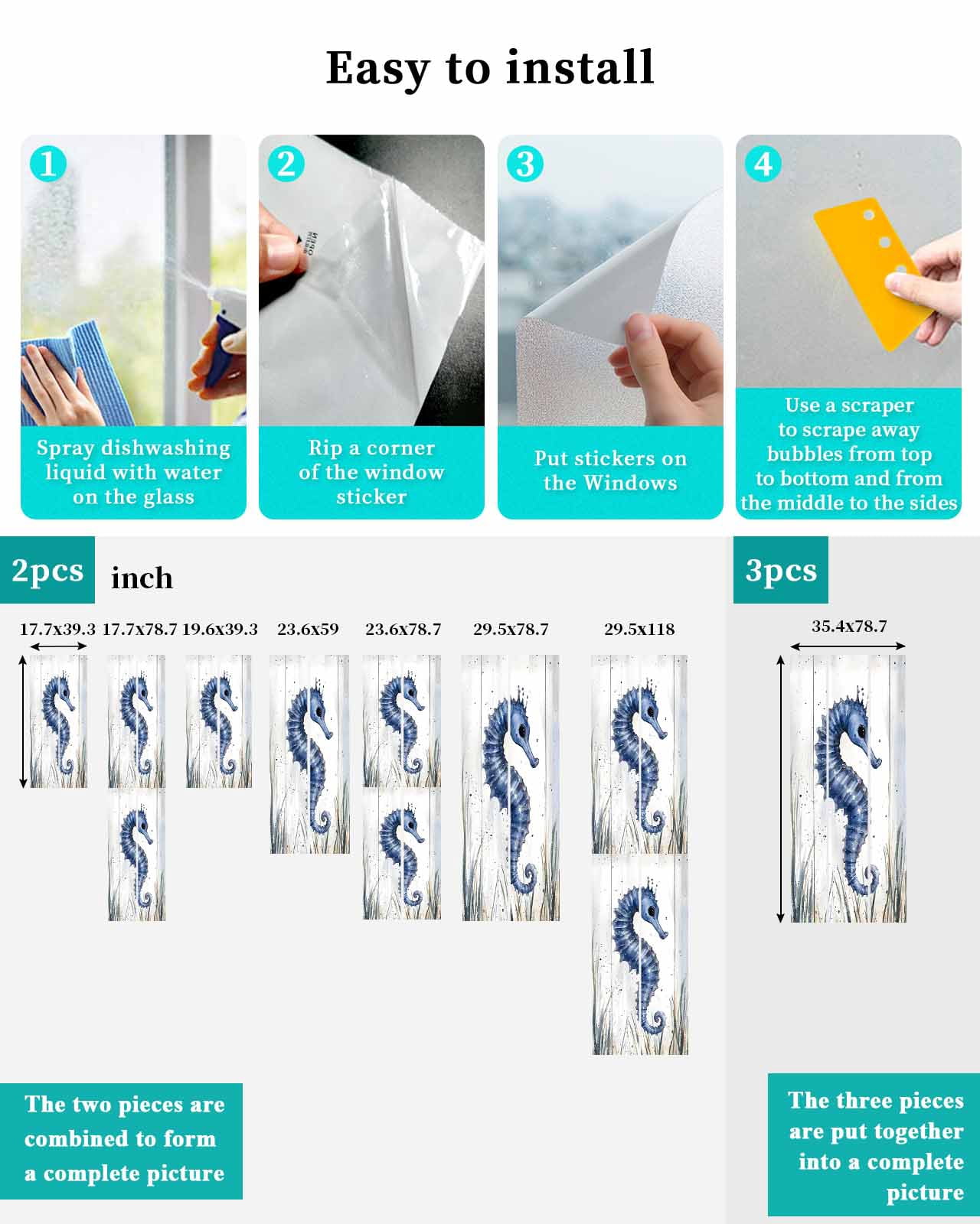 Window Privacy Film Coastal Seahorse Stained Glass Window Film Decorative Sun Block Window Cover Vintage Summer Beach Botanical Window Clings Static Adhesive Sticker for Bathroom 29.5"x118"