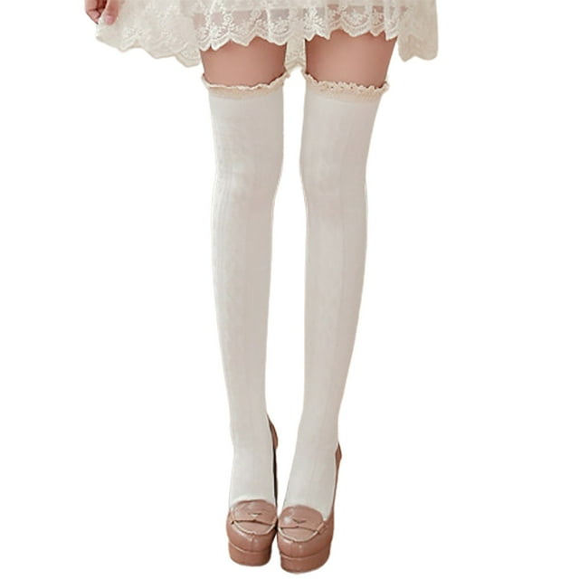 TIEVOSA Bas Hauts Opaques en Dentelle pour Femmes, Bas Cuisses, Bas, Bas (Blanc)