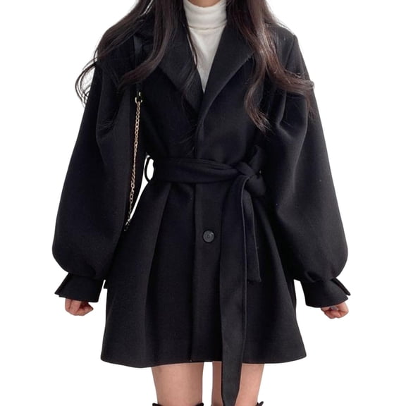 Fall Winter Women Jacket Turn-down Collar Single-breasted with Belt Thickened Jacket with Pockets Long Sleeves English Style A-line Dating Commuting Overcoat