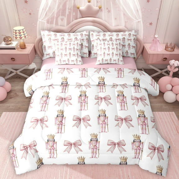 Homewish Retro Christmas Nutcracker 7-Piece Twin Bedding Sets,Kawaii Bow Tie Bedding Comforter Set,Merry Xmas Sheet Sets For Girls,Microfiber Bedroom Decor Reversible