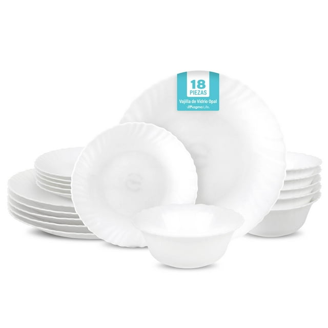MAGMA LIFE Vajilla de Vidrio Opal 6 personas (18 Pzs), Juego de Platos de Ultra Alta Resistencia