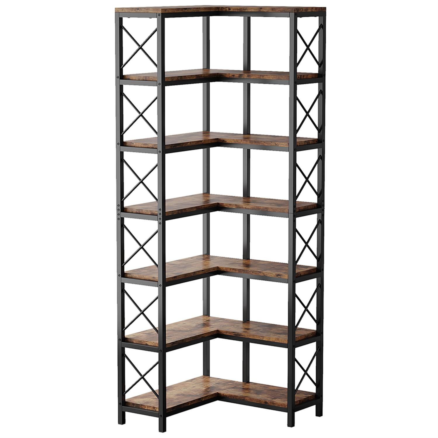 Demi Bonn 7 Tier Corner Bookshelf, Bookshelves, Open Etagere Bookcase Shelf Storage Organizer, Storage Shelving Unit for Bedroom, Living Room and Home Office, Brown