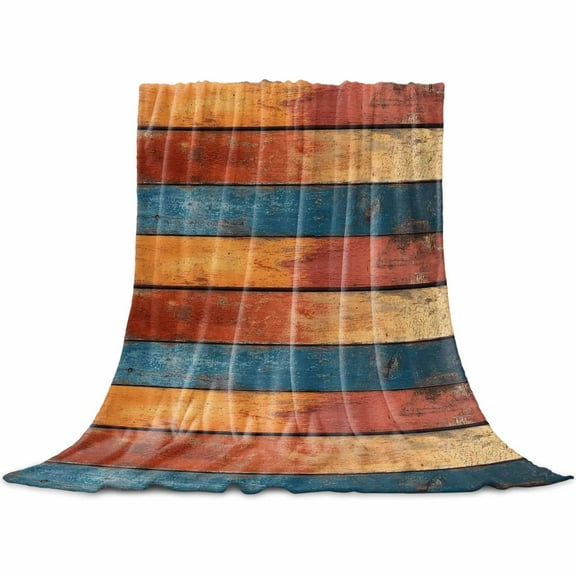 Farmhouse Orange Blue Yellow Flannel Blanket for Bed, Vintage Wood Country Soft Cozy Warm Couch Throw Blanket, Lightweight Fluffy Plush Bedding Blankets for Sofa Decor All Season 31.5"x47"