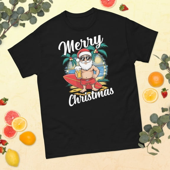 Santa Surfing Christmas In July Summer Hawaiian Christmas Graphic classic tee (Black, S)