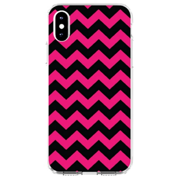 DistinctInk Clear Shockproof Hybrid Case for iPhone XS Max (6.5" Screen) - TPU Bumper, Acrylic Back, Tempered Glass Screen Protector - Black Hot Pink Chevron Stripes - Chevron Stripes Pattern
