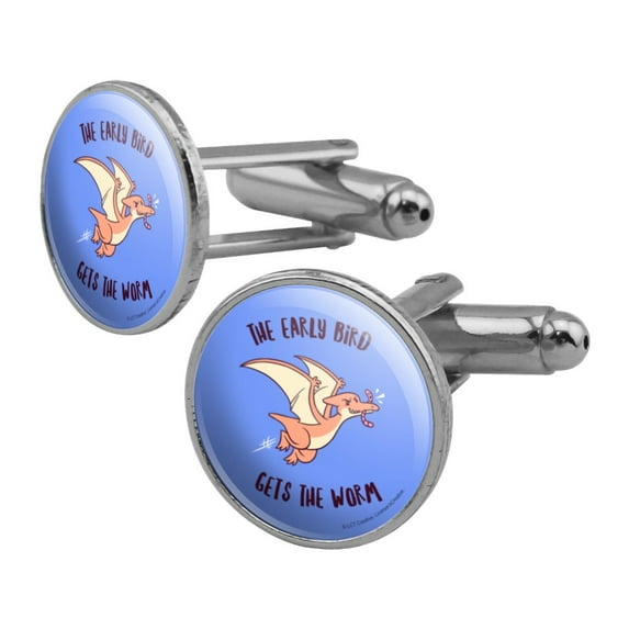 The Early Bird Gets the Worm Funny Humor Round Cufflink Set Silver Color