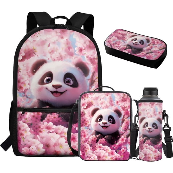 Yuyamidu Kawaii Panda 4 Piece Backpack Set for Kids with Lunch Bag Pencil Case and Water Bottle Holder School Bag for Elementary Middle School