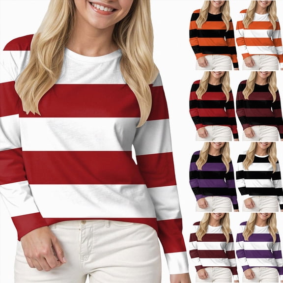 COMVALUE Striped Fall Sweatshirt for Women Long Sleeve Crew Neck Shirts Casual Orange and White Shirt Causal Basic Tops (Coffee, 3XL)