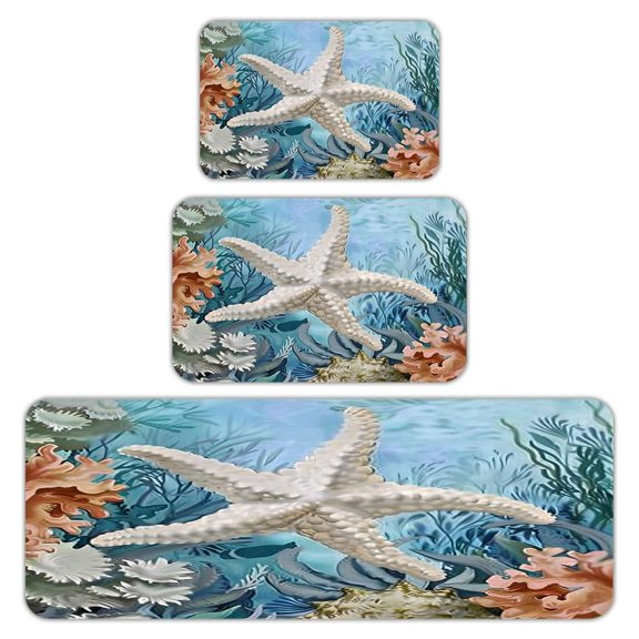 RKSupls Kitchen Rug Set 3 Piece Anti-Slip Flannel Floor Mats, Starfish Corals Algae Marine Washable Absorbent Runner Mats for Kitchen Bathroom Home Decor