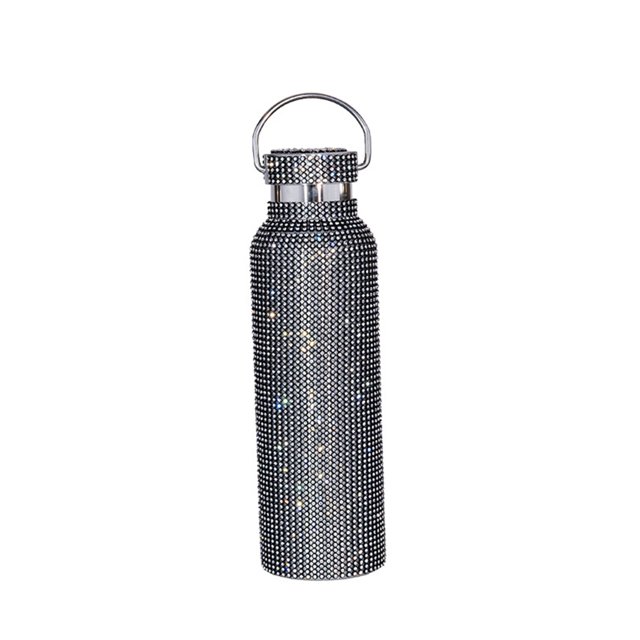 Injueey Frasco de vacío con purpurina de 350/500/600/750ml, taza recta aislada con diamantes de imitación, botella de té y café, tetera de acero Suministros térmicos Negro/600ml Injueey HA071668-11