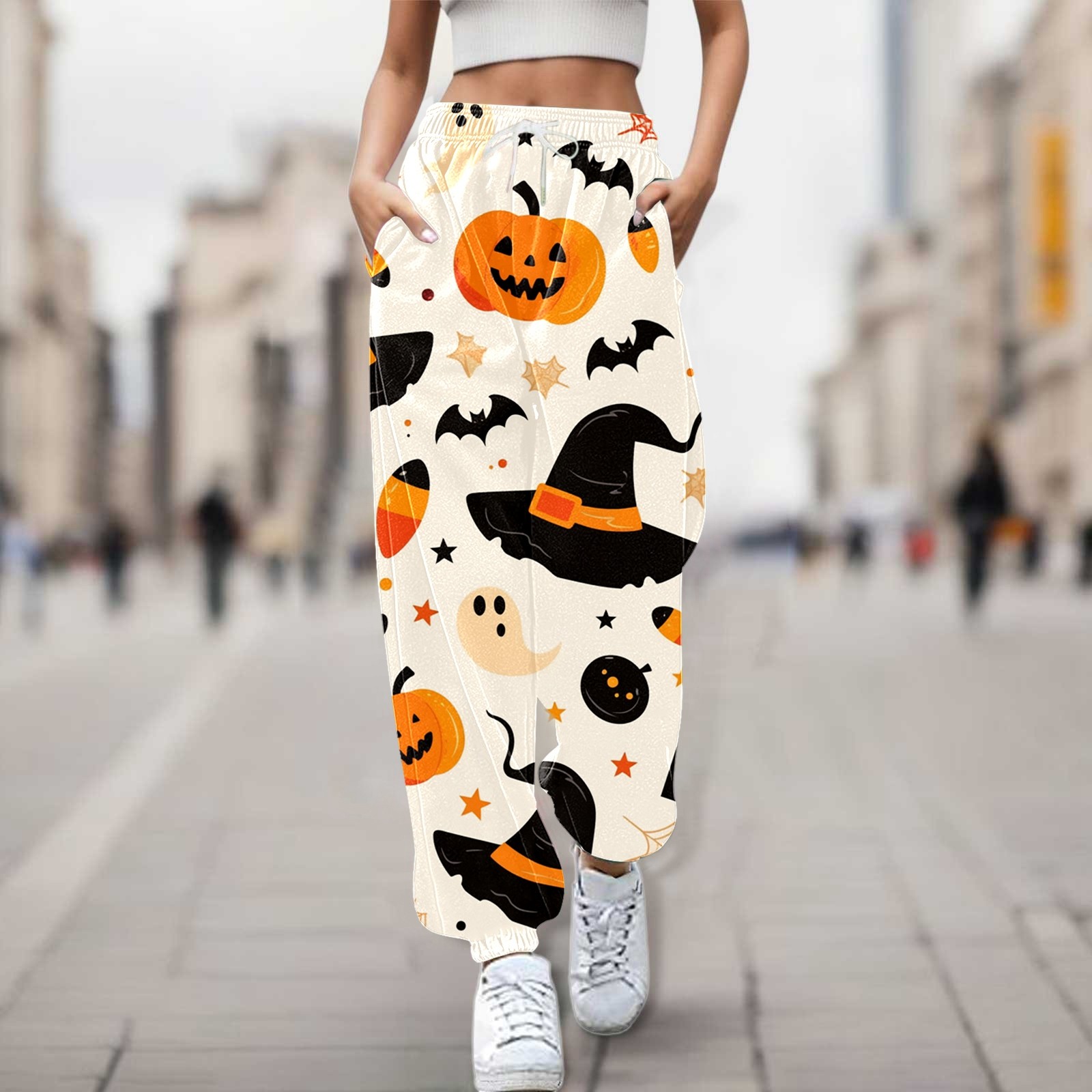 Pantalon Halloween Femme - Motif Citrouille Et Fantôme - Taille Haute Élastique Avec Poches - Hip Hop Décontracté Pour Fêtes Et Cosplay