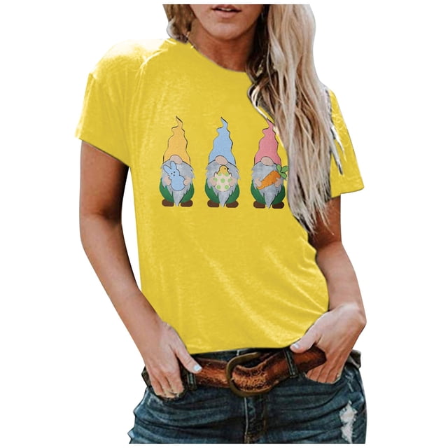 Hauts d'Été Grande Taille pour Femmes, T-shirt Décontracté pour Femmes, Col Rond Imprimé Nain de Pâques, Manches Courtes, Blouse Ample Décontractée, T-shirt Col en V pour Femmes en Liquidation