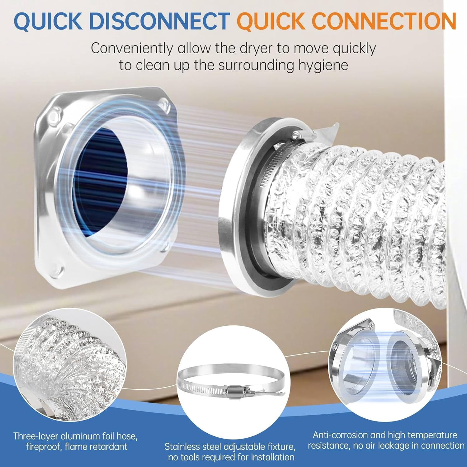 Magnetic Dryer Vent Coupling Connector Kit – Airtight Seal, Quick Connect & Disconnect, Includes 4" x 3.3ft Duct, 2 Clamps, Screws & Wall Plugs