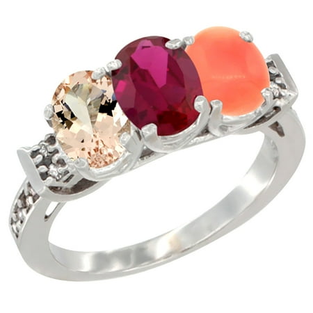 - 14K White Gold Natural Morganite, Enhanced Ruby & Natural Coral Ring 3-Stone Oval 7x5 mm Diamond Accent, sizes 5 - 10