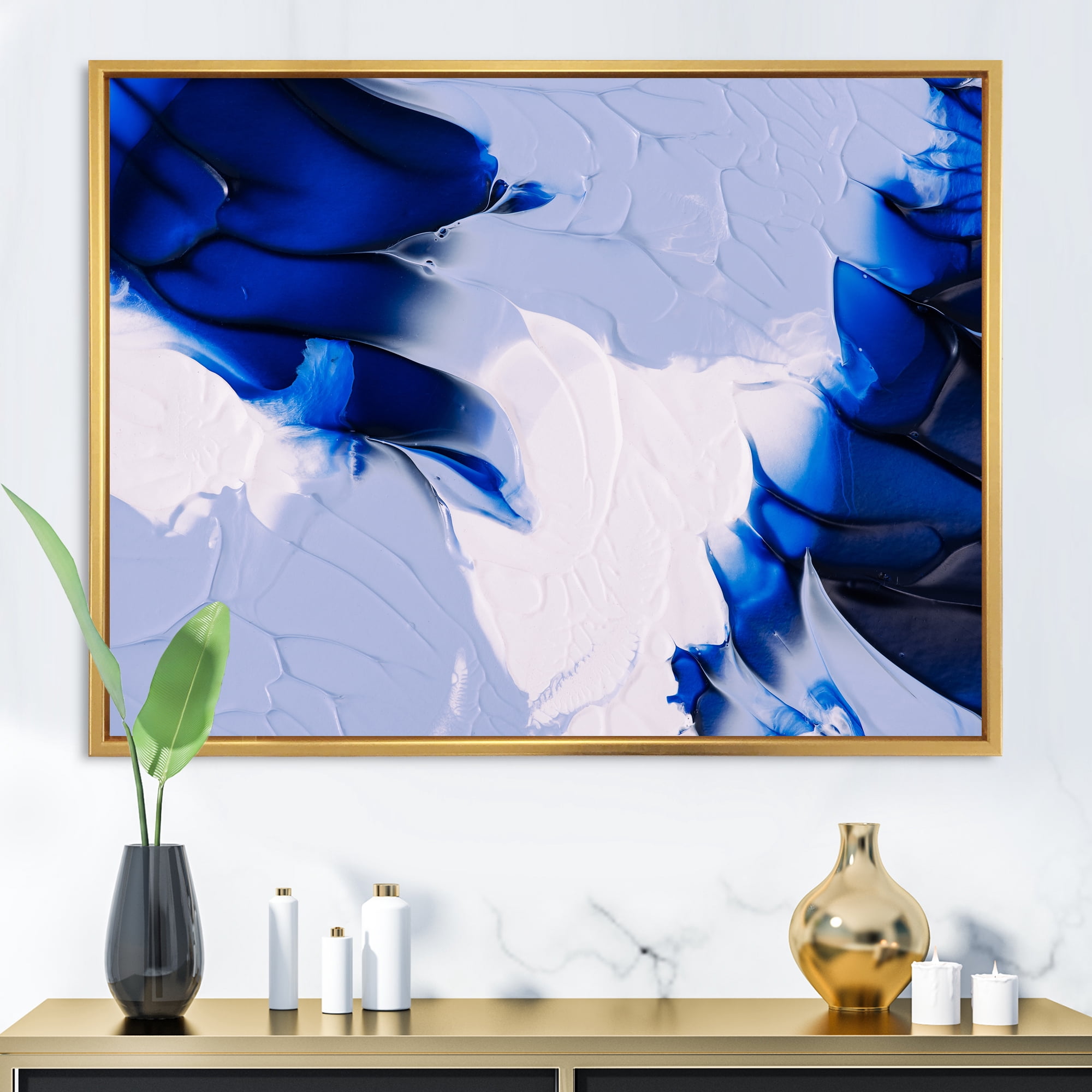 Designart 'Abstract White and Blue Grey Waves' Modern Framed Canvas Wall Art Print