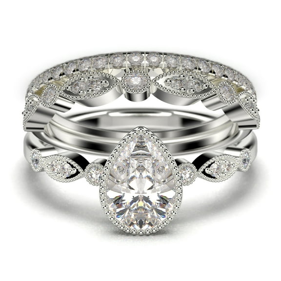 Dazzling Boho & hippiepie 2.25 Carat Pear Cut Diamond Moissanite Engagement Ring, Classic Wedding Ring, Two Matching Band in 10k Solid White Gold, Birthday Gift, Promise Ring