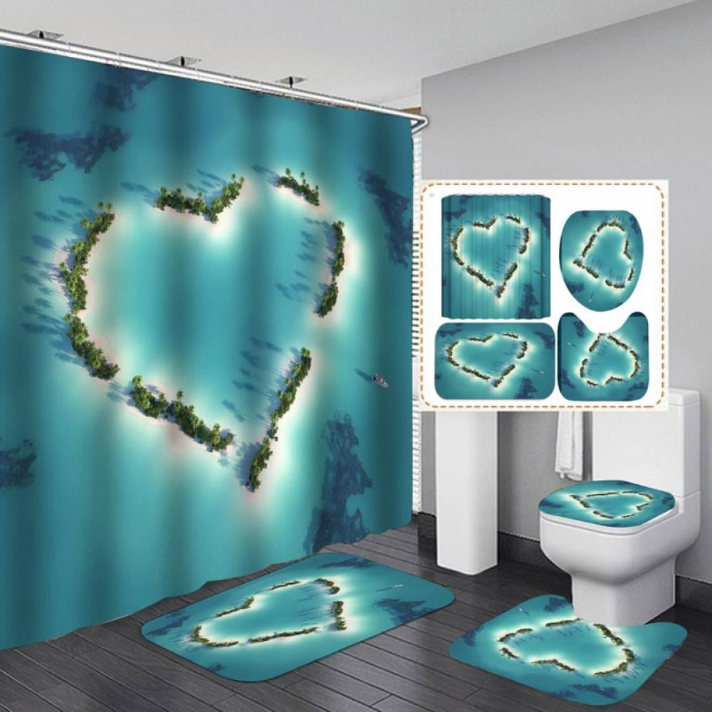 Valentine Waterproof Shower Curtain Nonslip Mat Toilet Cover Rug Bath Carpet Set 