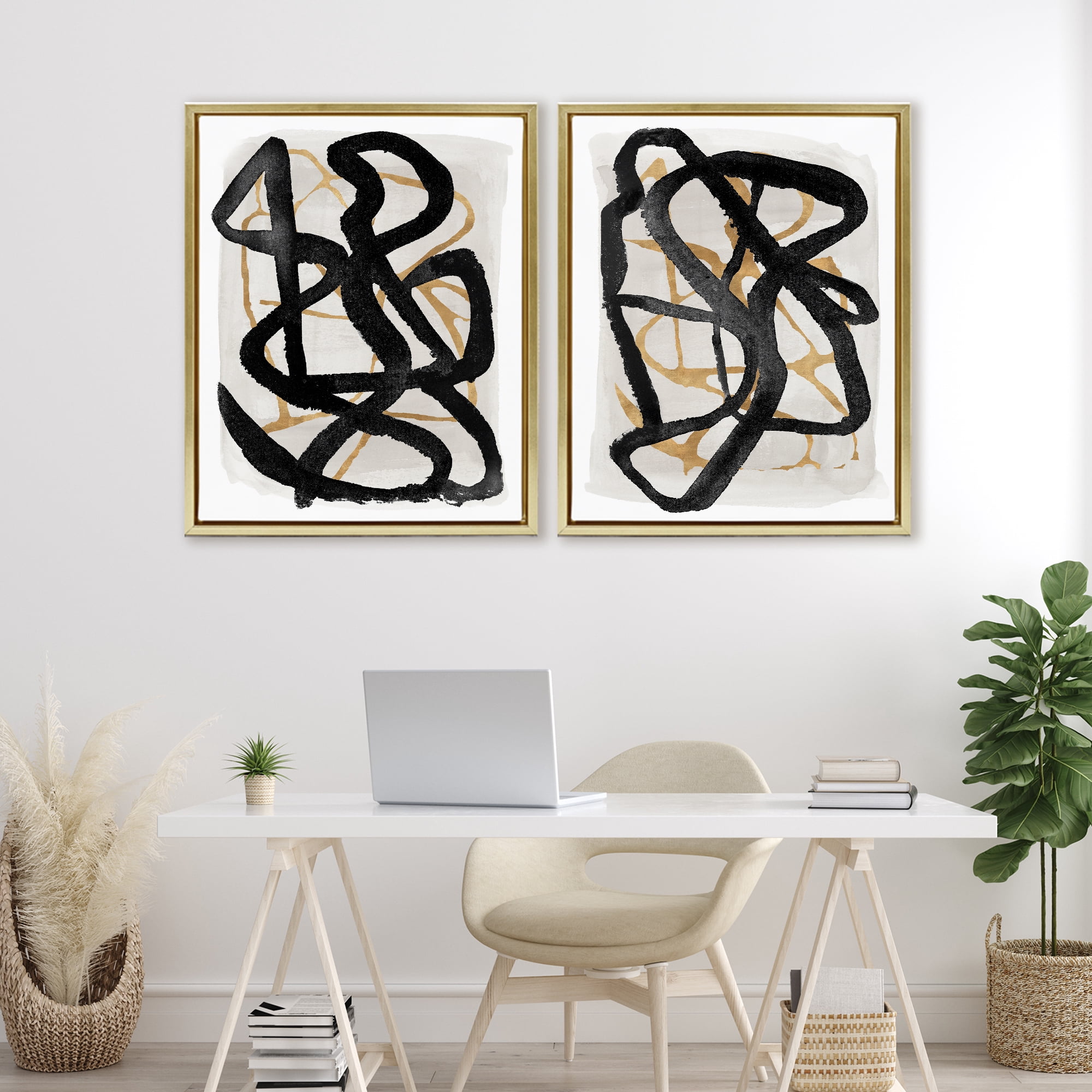 Stupell Industries Contemporary Hindsight Squiggles 2 Piece Gold Framed Floater Canvas Set, design by Lucille Price