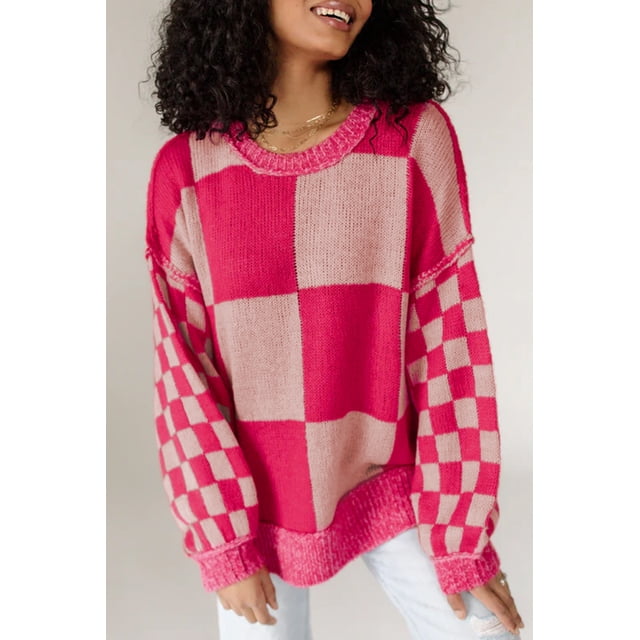 FOLUNSI Chandail à Carreaux Rose Rouge - Tricot Chic à Épaules Tombantes