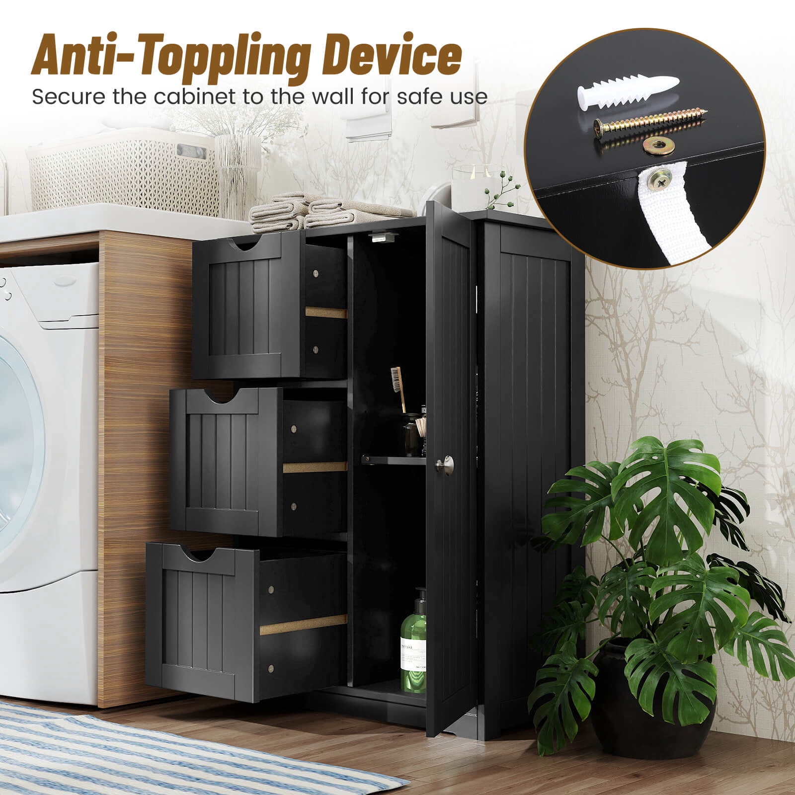 Costway Bathroom Floor Cabinet Side Storage Cabinet, Black, 12''