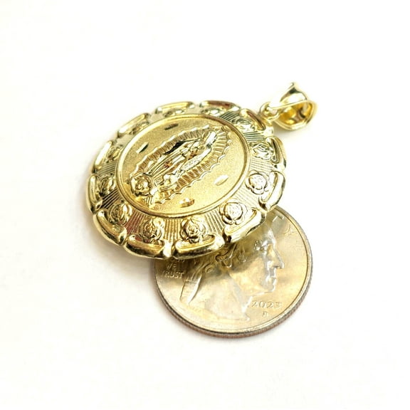 New 10k yellow gold hollow two sided Jesus & virgin Guadalupe pendant 1.27" 8.8g