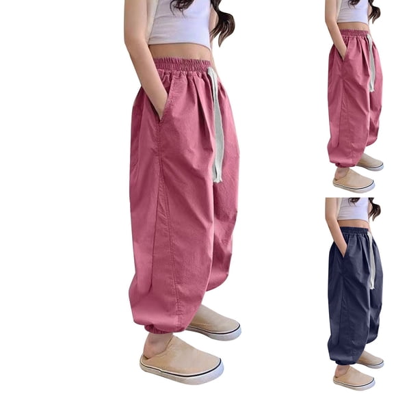 Nilvkv Girls Joggers, Kids Pants, Solid Color Cuffed Sweatpants with Elastic Waist and Side Pockets for Summer Wear Pink 8-9 Years