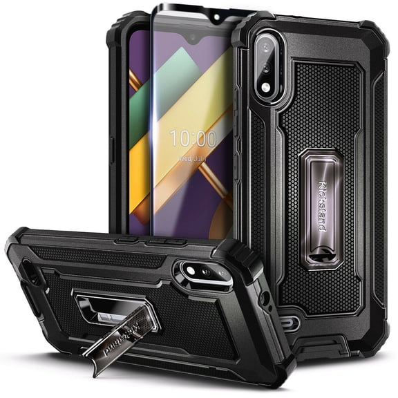 Nagebee Case for LG K22, LG K22 Plus, LG K32 with Tempered Glass Screen Protector (Full Coverage), Full-Body Armor Hybrid [Military Grade] Shockproof Built-in Kickstand Heavy Duty Case (Black)