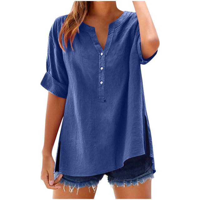 Vestidos Casuales Para Mujer, Blusas De Mujer De Moda Blusa de moda para mujer, de lino sintético y color liso, con cuello en V, manga corta, botones en el bajo y abertura.