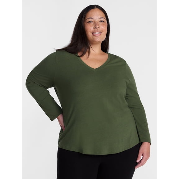 Terra & Sky Women's Plus Size V Neck Tee with Long Sleeves, Size 0X-5X