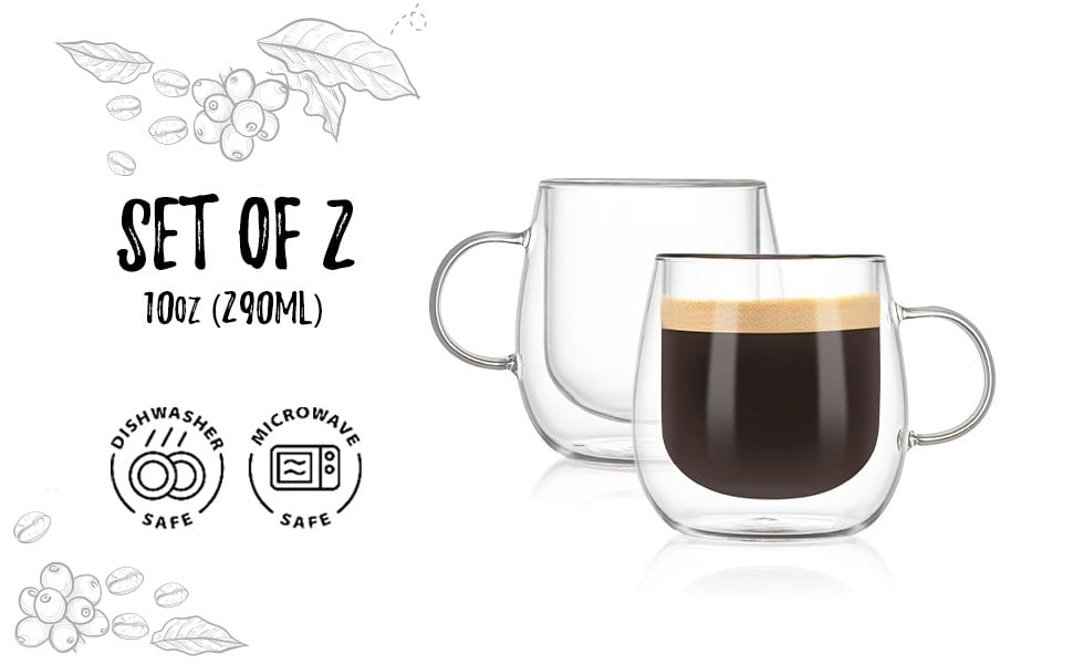 Bacimi Double Wall Borosilicate Clear Glass Coffee Tea Cups 10oz / 290ml 2 Pack