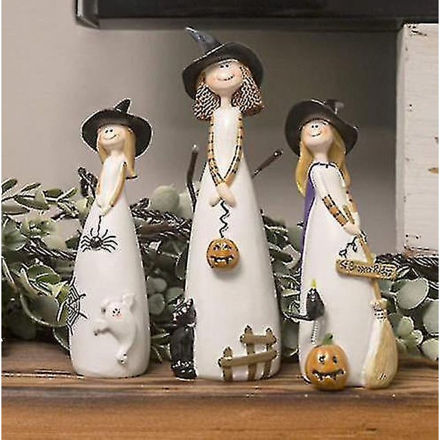 Figuras decorativas de brujas de Halloween, sombreros de brujas clásicos, gatos y calabazas