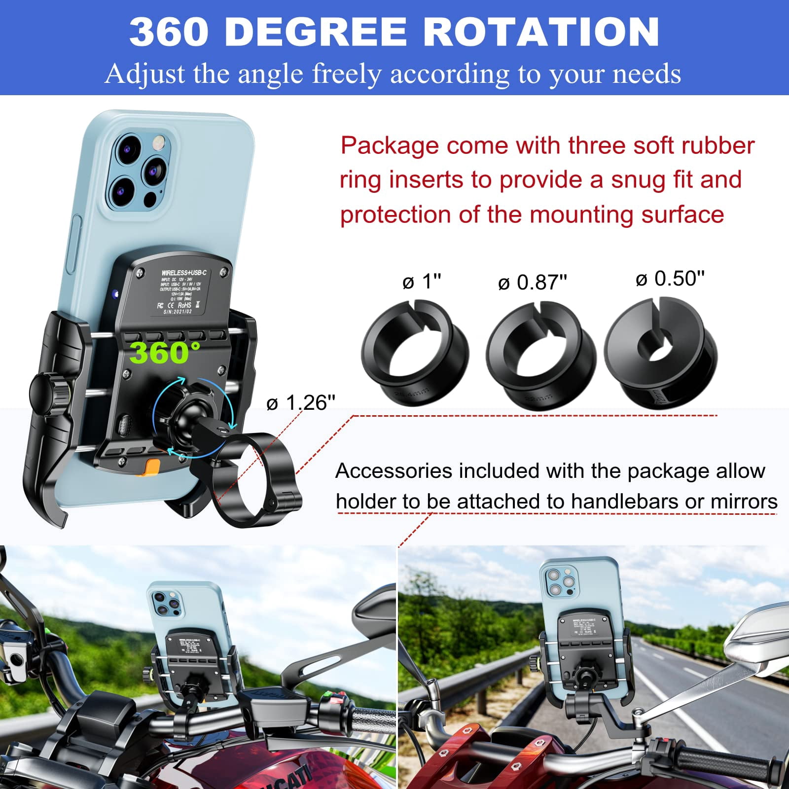 FU1999 Motorcycle Phone Mount with Qi 15W Wireless Charger & USB C 20W Fast Charging Port, Waterproof Motorcycle Cellphone Holder Cradle with Aluminum Alloy Handlebar Mounting Base for 4"-8" Phones