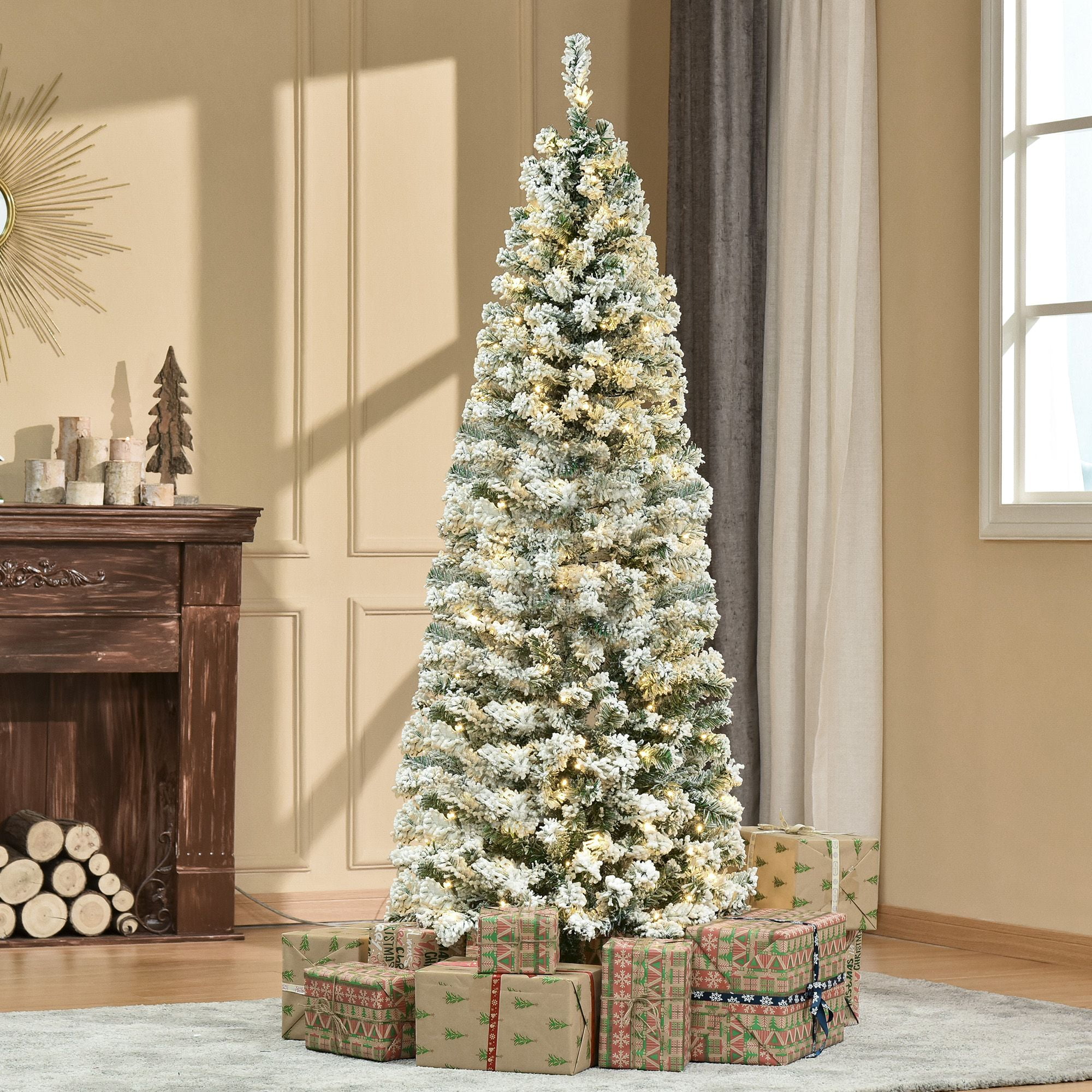Pre-Lit Flocked Christmas Tree, 6 ft Artificial Tree with 250 Warm White LED Lights and 462 Branch Tips, PVC and Steel, Indoor Holiday Decor