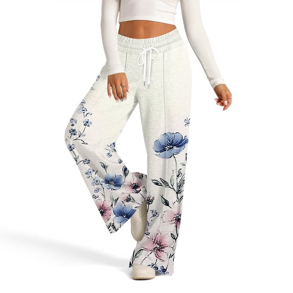 Women's Casual Wide Leg Sweatpants, Loose Floral Print Sports Pants, Fashion Lounge Pants for Women, Perfect for Home and Outdoor Activities,Beige,2XL