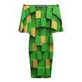 thumbnail image 5 of Modern Art Green Gold Squares Women's Off The Shoulder Ruffles Summer Wedding Guest Loose Casual Party Beach Dress, 5 of 9