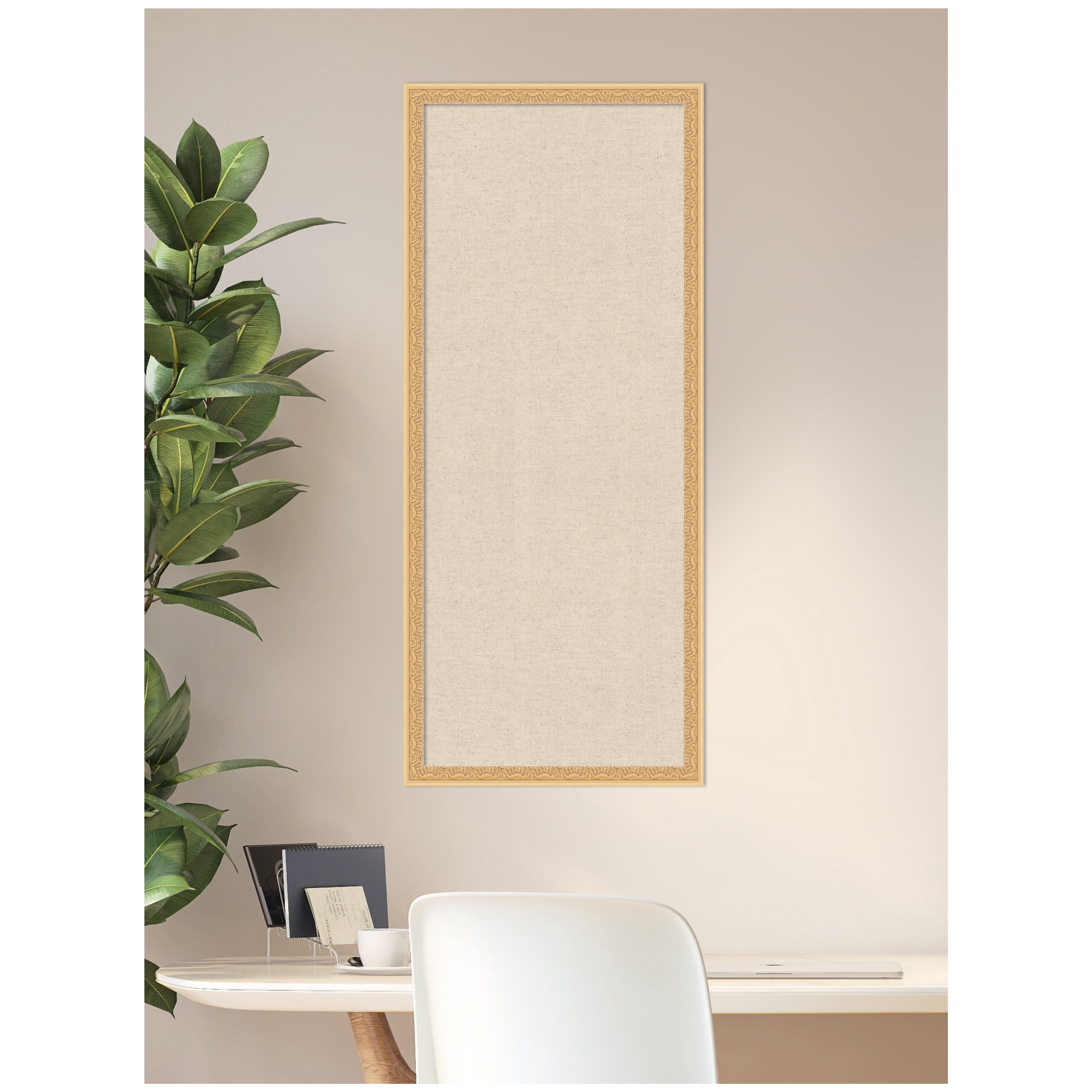 Kate and Laurel Framed Fabric Pinboard 18 x 42, Neutral Weave Printed Linen Decorative Bulletin Board for Use as a Vision Board or Wall Organization, Bethany Gold Frame