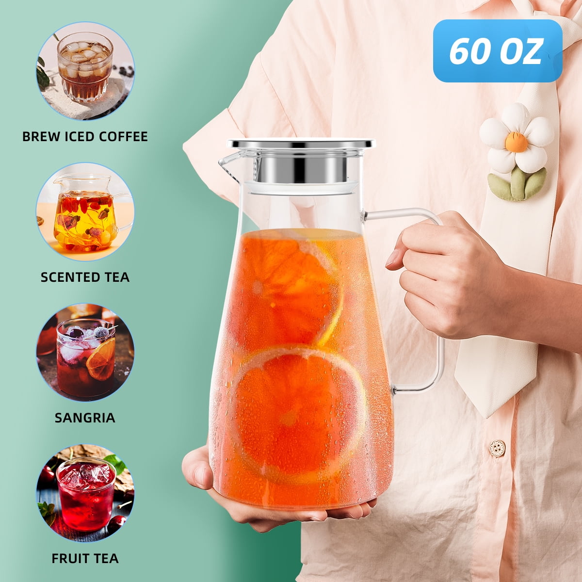 64 oz Glass Pitcher with Lid and Spout, 1.8L Heat & Cold Resistant Glass Water Carafe with Handle for Hot/Cold Water, Easy to Clean Large Drink Pitcher for Cold and Hot Beverage
