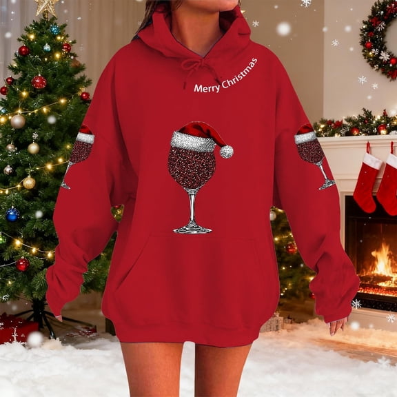 Visit the JURANMO Store Women Christmas Tree Hooded Sweatshirt Drawstring Long Sleeve Xmas Party Hoodie Pullover Fall Fashion Sweatshirts with Pocket Red S