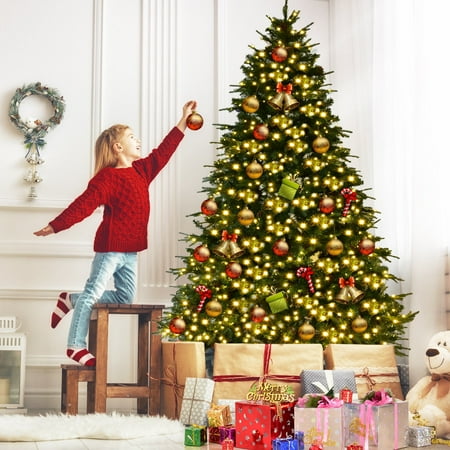 - Gymax Pre-Lit 7' Premium Spruce Artificial Christmas Tree Hinged 460 LED Lights Pine Cones