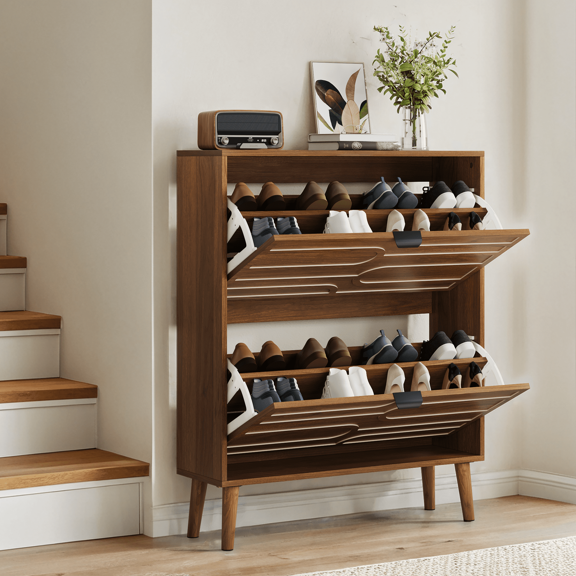 Leumius Medieval Modern Shoe Cabinet with 2 Flip Drawers,Walnut Shoe Storage Cabinet with Adjustable Shelves for Entryway