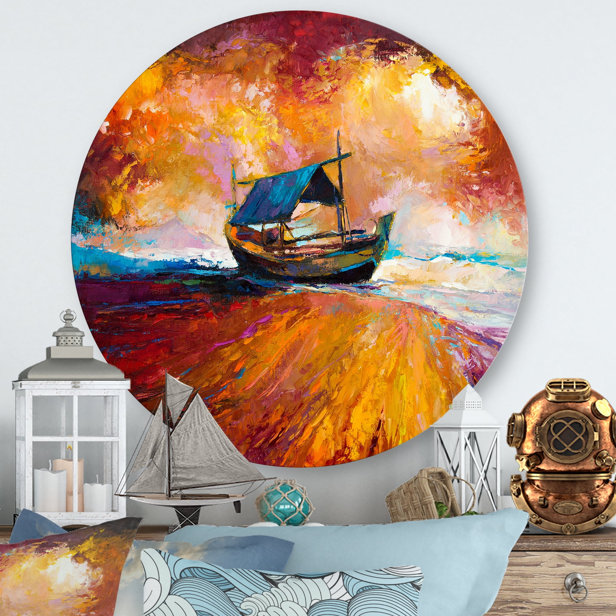 Designart 'Traditional Fisherboat During Ocean Evening Glow' Nautical & Coastal Circle Metal Wall Art 11x11 - Disc of 11