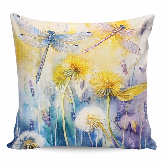 Throw Pillow Covers 16x16 Inch, Purple Yellow Dragonfly Decorative Pillow Cases for Couch Sofa Bed, Watercolor Spring Flowers Cotton Linen Square Home Decor Pillowcases with Hidden Zipper