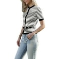thumbnail image 4 of Striped Cardigan for Women's Short Sleeve Button Down Knitted Sweater Casual Crew Neck Tops XS Black White Stripe, 4 of 6