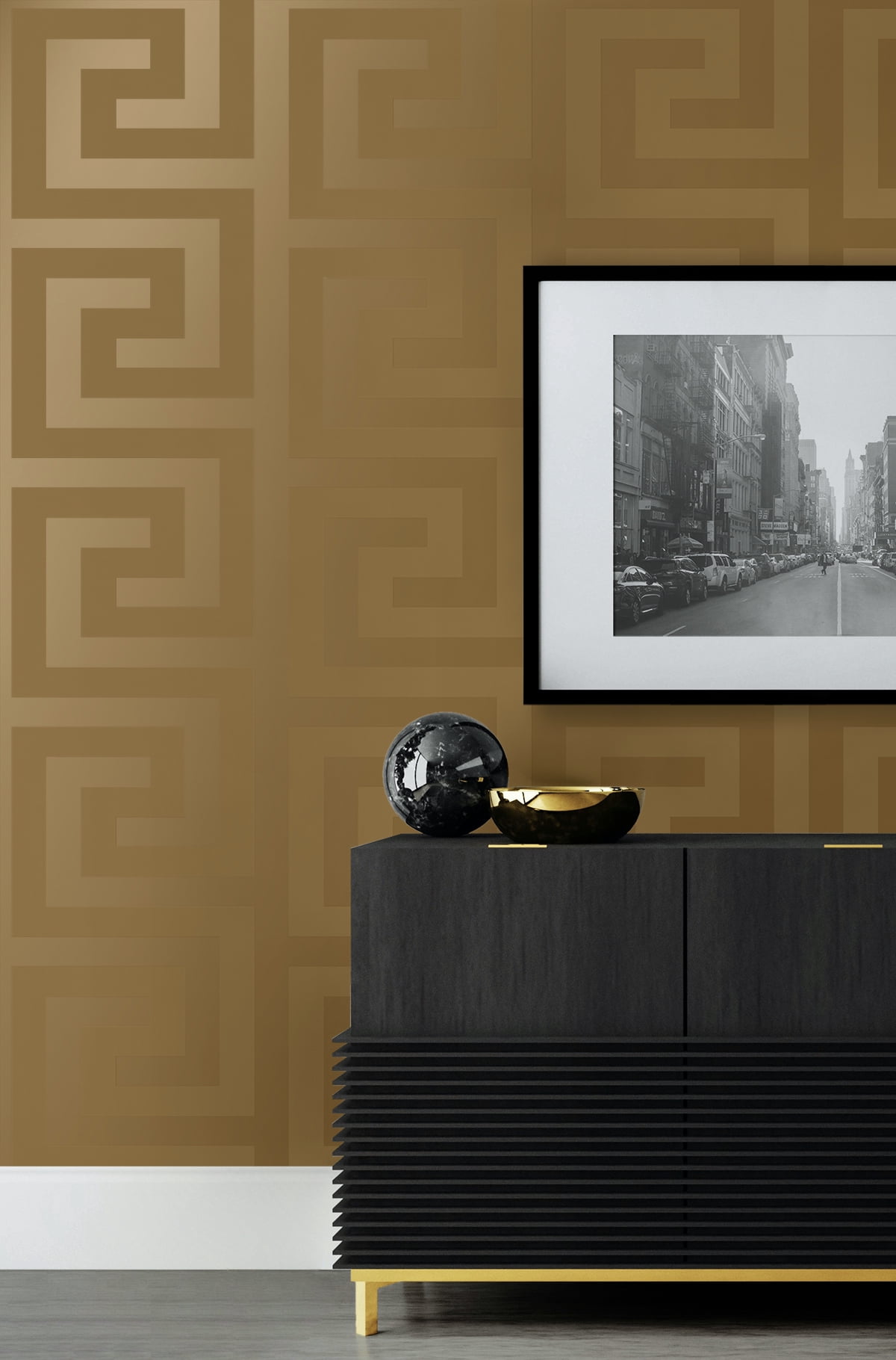 NextWall Dark Antique Gold Geometric Maze Peel and Stick Wallpaper - 20.9 in. W x 18 ft. L Roll