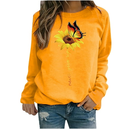 

Womens Comfy Lightweight Pullover Long Sleeve Creawneck Blouses Loose Fit Plus Size Fall Tunic Tops Casual Oversize Sweatshirt Sunflower Print Shirts