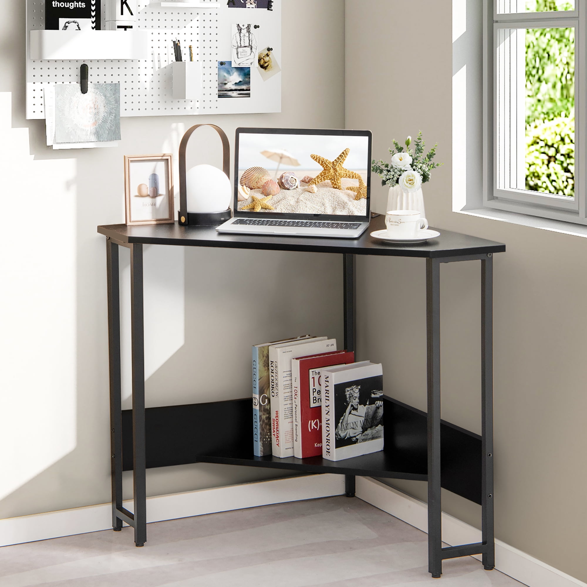 Costway Triangle Computer Desk Corner Desk Home Office w/Power Outlets USB Ports Black