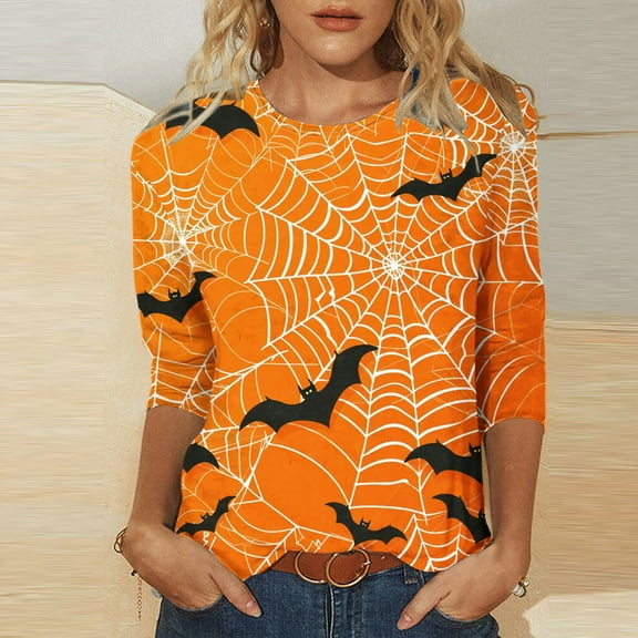 VKOYWKM Halloween Shirts Women Spiderweb Bat Graphic T Shirts 3/4 Sleeve Loose Fit Crew Neck Halloween Party Blouses